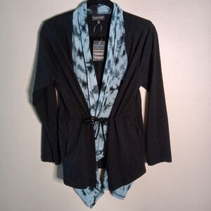 🦋 Greater Good Cardigan Black Blue Silk Tie Dye Tie Front S/M NWT